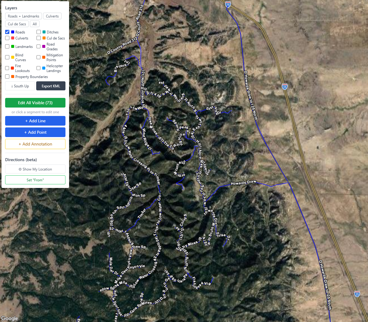 GROOM gravel road management — satellite map showing full road network with condition-coded segments